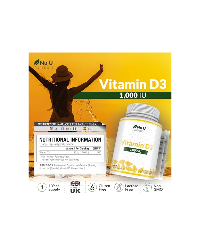 Nu U Nutrition Vitamin D3 1000IU - 365 Softgels - 1 Year Supply