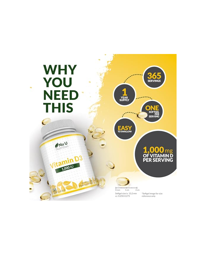 Nu U Nutrition Vitamin D3 1000IU - 365 Softgels - 1 Year Supply